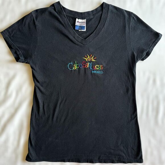 2000s Black Cabo San Lucas Mexico Embroidered V Neck Tee Sz L Tourist Vacation - Picture 1 of 4